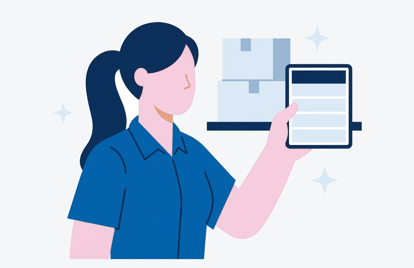 倉庫でタブレットの表を見ながら在庫を確かめる担当者のイラスト