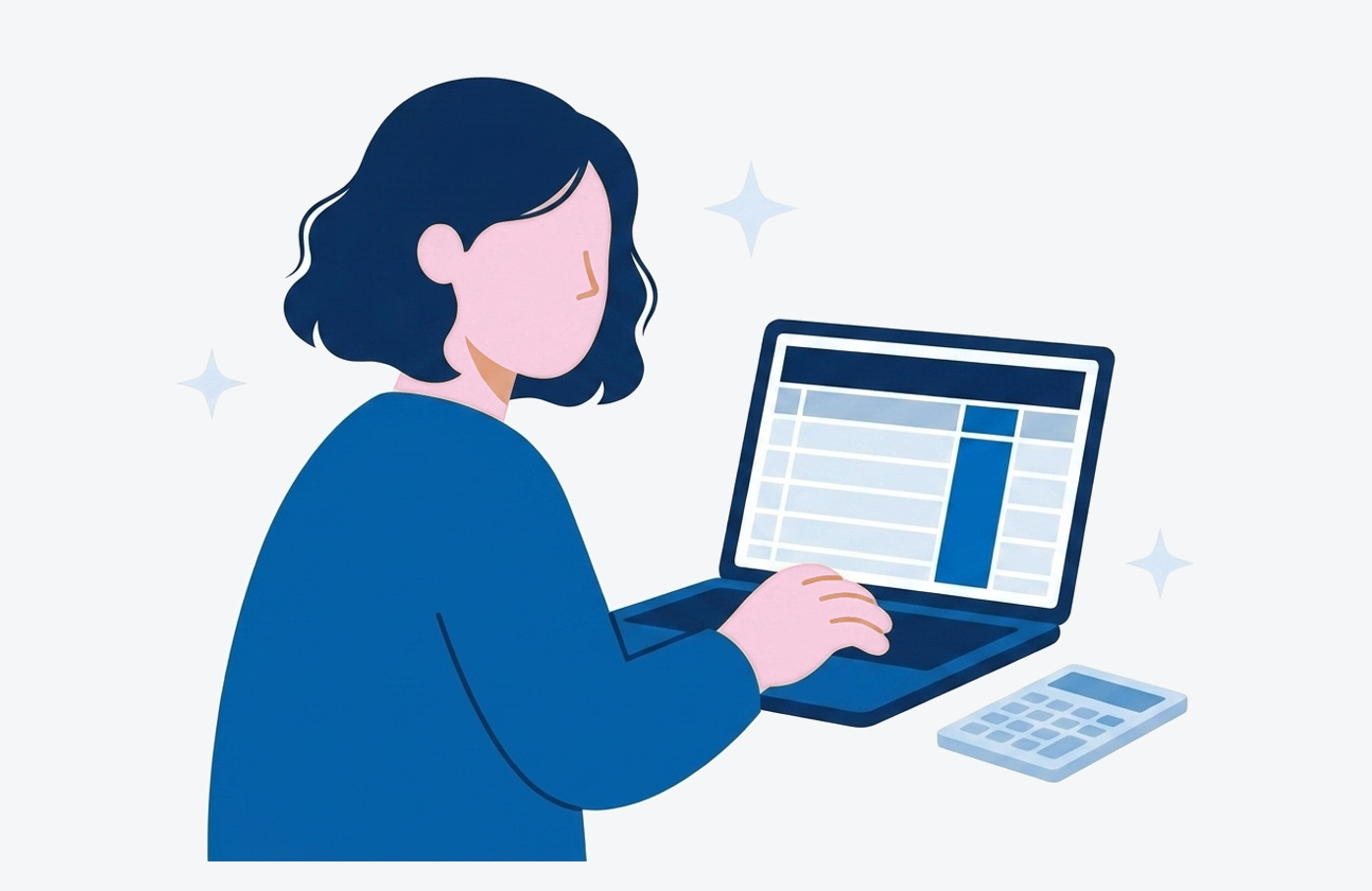 ノートパソコンの表を見ながら締めの数字を確かめる担当者のイラスト