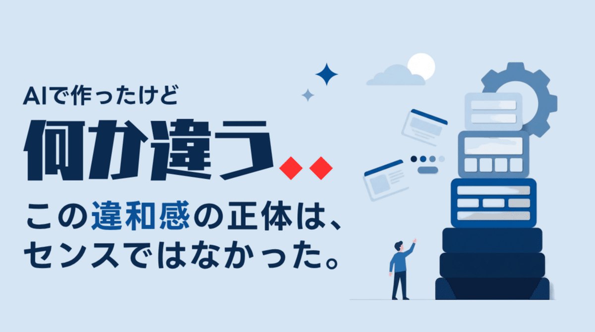 「AIで作ったけど何か違う」という文字と、WEBページの部品が段になって積み上がる塔を見上げる人のイラスト