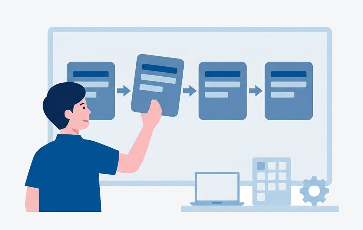 業務の流れ図を並べ替えている人と、脇に控えたPC・表・歯車のイラスト